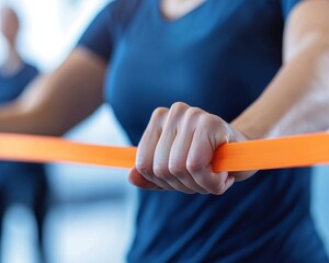 Close-up of hands gripping an orange resistance band during workout.