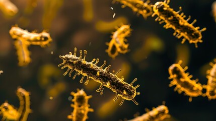 Naklejka premium Ancient microbes under microscope reveal intricate cellular structures, showcasing their mysterious and ancient nature, ideal for scientific and educational content.