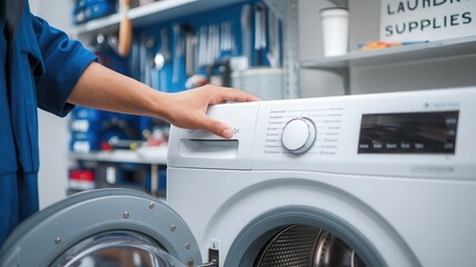 Person adjusting settings on a washing machine in a laundry supplies store.