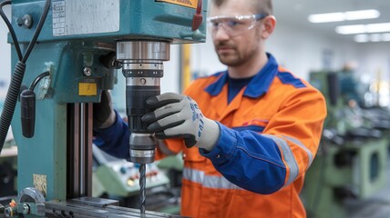 Worker operating a drill machine in a modern industrial workshop.