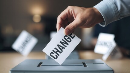 Hand casting a vote with the word CHANGE in a ballot box.