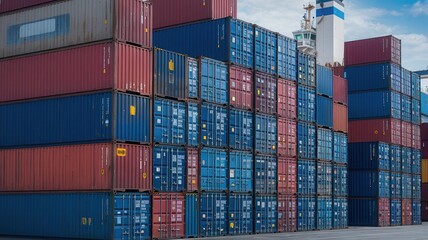 Stacked shipping containers at a port, ready for global transport.