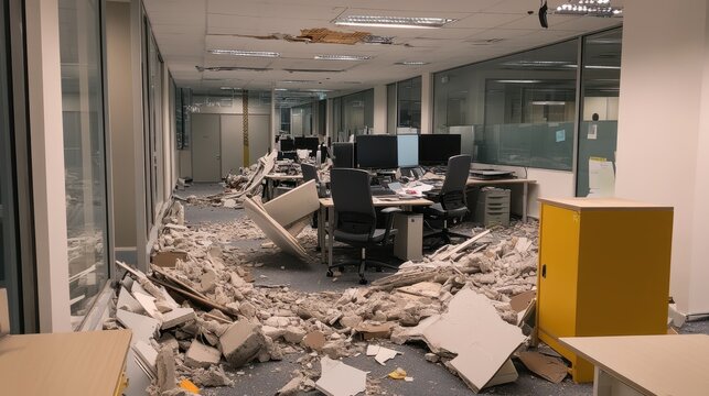 An office space shows debris scattered around desks and monitors, indicating a significant disruption or damage to the workplace environment.