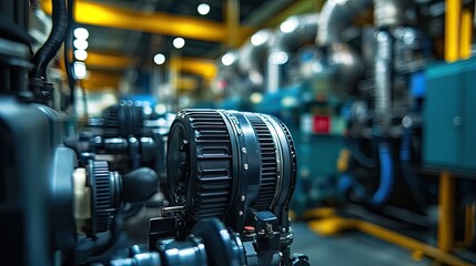 Fototapeta premium Close-up of a large industrial motor. This photo is ideal for projects about industry, engineering, and manufacturing.