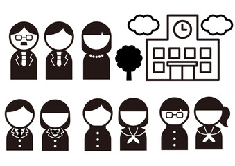 生徒や保護者と学校のアイコンセット　黒単色