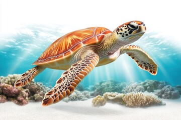 A vibrant sea turtle gracefully swims through clear blue waters, showcasing its intricate shell and the beauty of marine life.