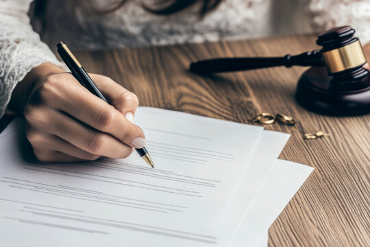 Woman signing legal documents with gavel on desk in divorce lawyer's office