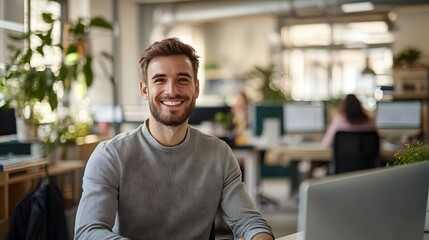 A smiling man in a gray sweater sitting at a desk in an office, with a laptop in front of him.