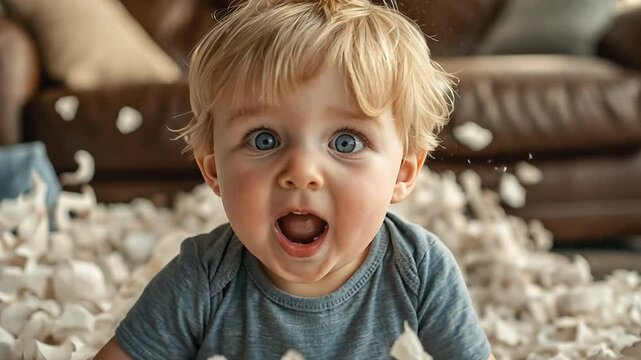 A cute young toddler is misbehaving , The living room is a complete mess