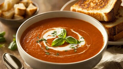 A bowl of creamy tomato soup garnished with a swirl of cream and fresh basil leaves, served with a side of grilled cheese sandwich halves, Soup centered