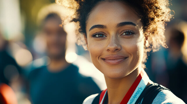 Joyful woman celebrating marathon victory outdoors in sunlit urban environment