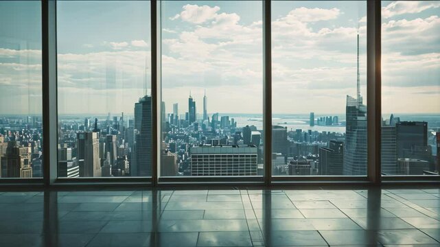 An unoccupied room featuring a wide window view of the cityscape, Empty city skyline view from a high-rise corporate building