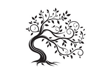 Flowing Tree Silhouette with Curved Branches and Leaves 26.eps