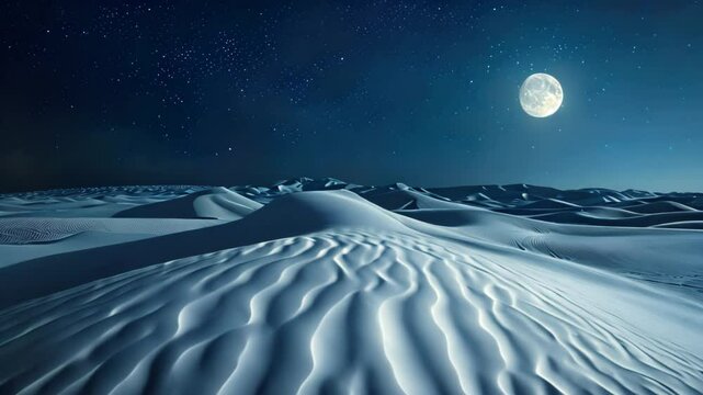 A full moon emerges above a winter landscape covered in snow, Endless sand dunes bathed in moonlight