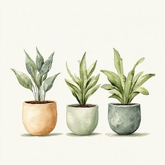 Three decorative potted plants arranged in pastel pots showcasing natural greenery and vibrant leaves in a simple, elegant composition