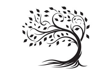 Flowing Tree Silhouette with Curved Branches and Leaves 35.eps