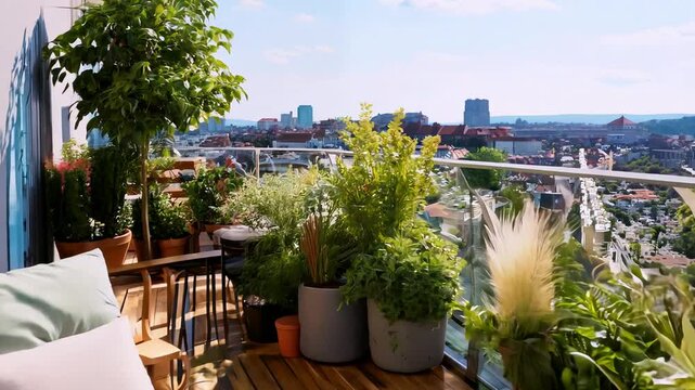 Cozy roof terrace with armchairs and potted plants overlooking modern cityscape