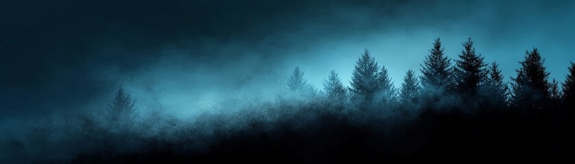 A misty forest scene with dark silhouettes of trees against a backdrop of deep blue and gray haze, creating a mysterious and tranquil atmosphere.