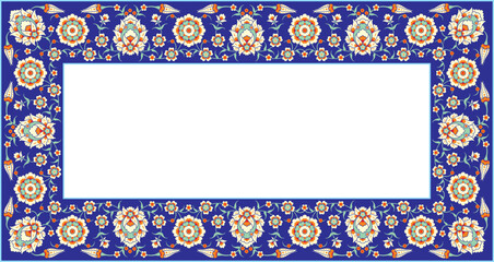 Obraz premium Rectangular Arabic flower frame, traditional Turkish tezhip flower ornament, suitable for use in mosque decorations, backgrounds, calligraphy, frames. Elegance with text input area