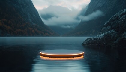 Obraz premium A stunning realistic depiction of a blue neon portal glowing in serene waters, framed by majestic autumn mountains under a misty sky.