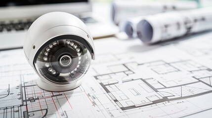 A CCTV camera placed on architectural layout plans, highlighting its role in home security. This image showcases modern surveillance technology and design integration.