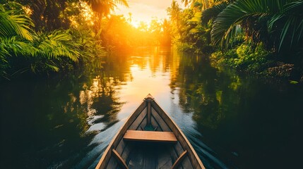 Serene Solar Powered Boat Gliding Through Lush Tropical River in Remote Nature Destination