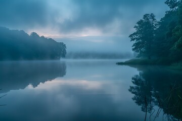 Serene Misty Lake at Dawn Reflecting Nature's Tranquility