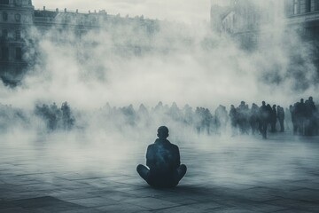 A person sitting in a crowded city square, surrounded by people, yet appearing invisible