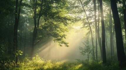 Obraz premium Enchanted Forest with Sunlight Streaming Through Trees