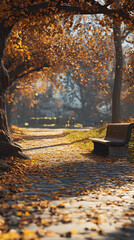 Autumn landscape, beautiful city park with fallen red and yellow leaves. Autumn scenery with footpath in colorful forest.
