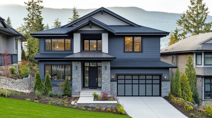 Obraz premium Modern house with light gray siding and natural stone facade, a single-car garage, and minimalist landscaping