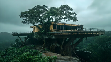 Abandoned Structure on a Cliffside with a Tree Growing Through It, Eerie Atmosphere with a Moody Color Palette