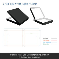 Stander Pizza box dieline template with 3D, vector file