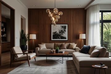 Stylish Minimalist Living Room: Sleek Velvet Sofa and Warm Wooden Accents