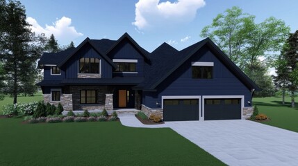 Obraz premium New build home featuring dark blue siding, stone accents, and a three-car garage, blending classic and contemporary design elements.