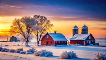 Midwest American Farm in Winter - Serene Snow-Covered Landscape, Rustic Barns, Frosted Fields, Peaceful Countryside, Winter Wonderland, Agricultural Beauty, Rural America, Seasonal Charm