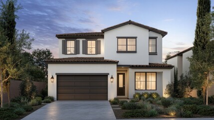 New modern home with a two-car garage and stylish architectural design, combining luxury and functionality.