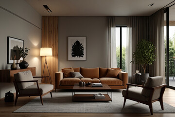 Fototapeta premium Stylish Minimalist Living Room: Sleek Velvet Sofa and Warm Wooden Accents