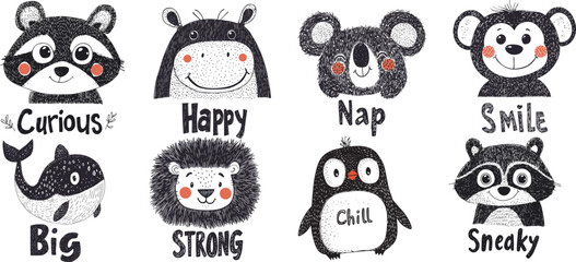 Cute Animal Character Set with Fun Expressions for kids designs.