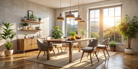 Minimalist Food Photography in Sunlit Interior, Natural Wall Art, Cozy Furniture, Warm Lighting, Contemporary Dining Space, Aesthetic Culinary Display, Fresh Ingredients, Elegant Table Setting