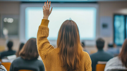 Student raising hand in classroom to ask question during lecture or presentation