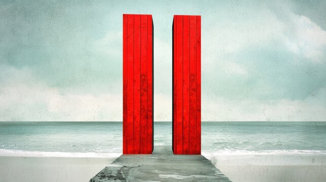 Minimalist Red Parallel Structures Overlooking Ocean Horizon