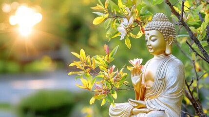 A serene Buddha statue surrounded by lush foliage, illuminated by soft sunlight, symbolizing peace and tranquility in nature.