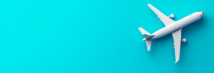 Airplane on a blue background with copy space for text, top view. Travel concept.