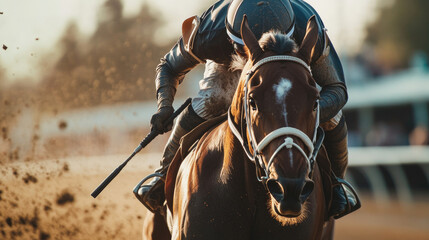 Naklejka premium Dynamic horse racing scene with jockey and galloping thoroughbred at sunset