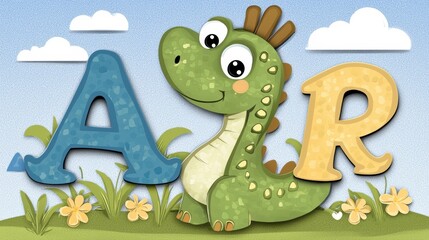 Cute Cartoon Dinosaur Holding Alphabet Letter In Floral Landscape