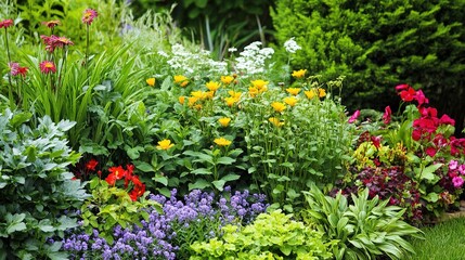 Vibrant Garden with Colorful Flowers in Full Bloom