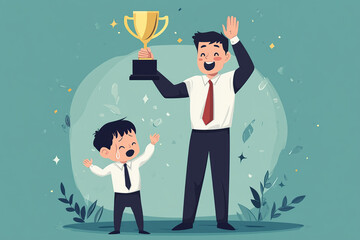 Illustration of businessman holding a trophy and crying child