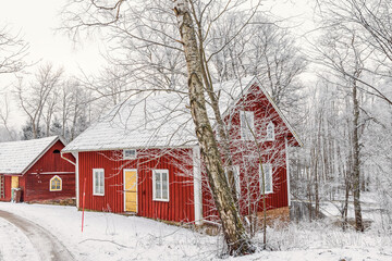 Idyllic old red cottage with a red barn at the roadside a cold winter day © Lars Johansson