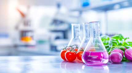 Brightly colored liquids fill glass flasks on a lab table, accompanied by fresh cherry tomatoes and radishes, suggesting a culinary experiment in progress